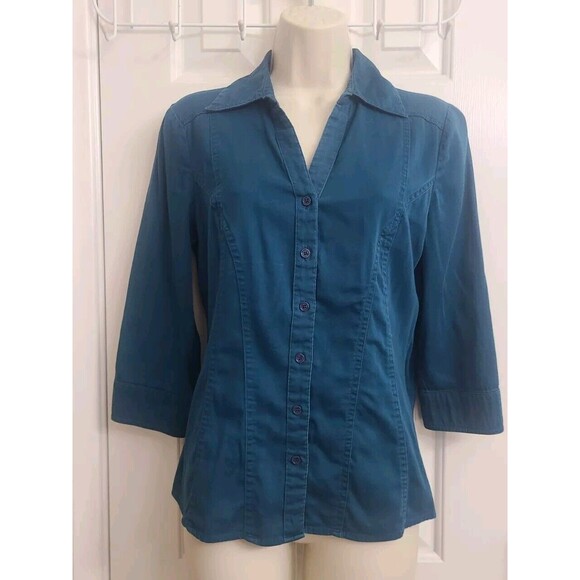 Como Stretch Small Teal Or Aqua Blue Shirt Button Down Collar 3/4 Sleeve - Picture 1 of 3